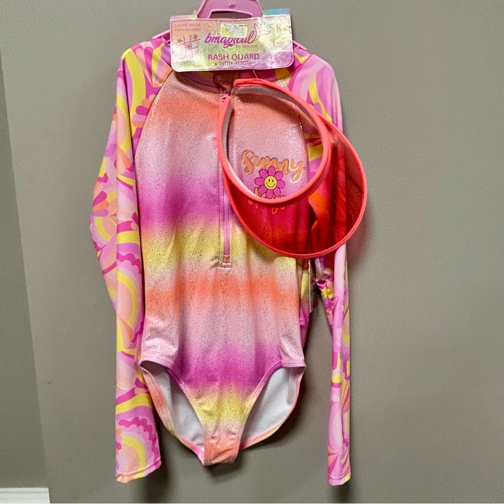 Btween Pink & Yellow Rash Guard Swimsuit Sz 12 Girls NWT
